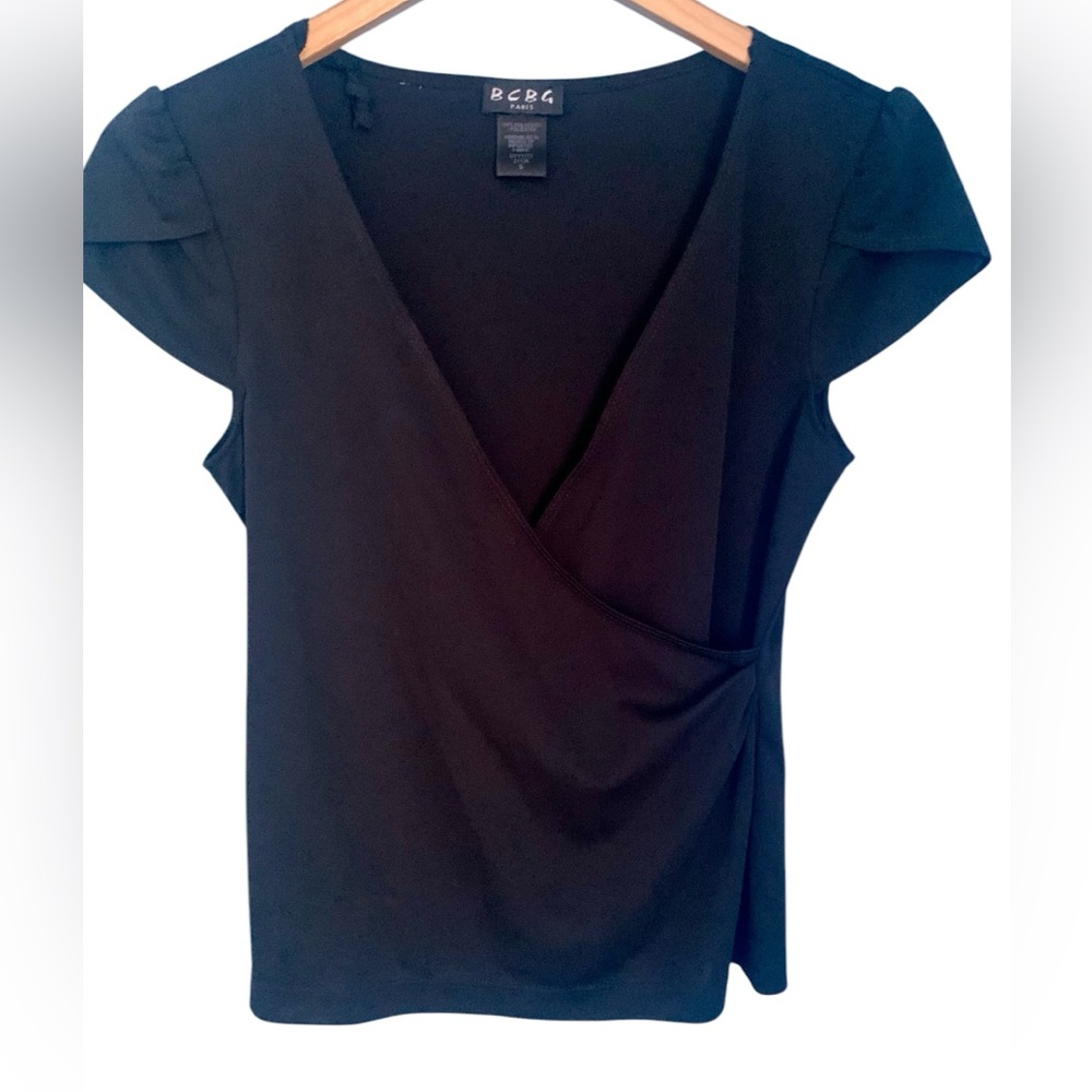 Vintage Y2K BCBG Black Faux Wrap Top Cap Sleeves Size S